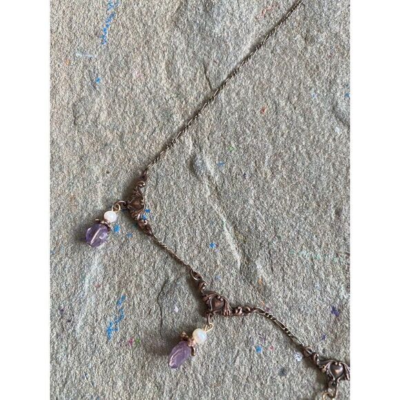 Collar Necklace Romantic Dangle Brass Beaded Brocade Pearl Romantic Purple - Picture 2 of 9